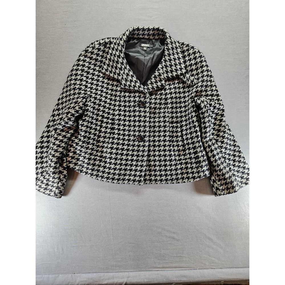 DKNY Donna Karan New York 100% Wool Houndstooth Cropped Jacket Black White L